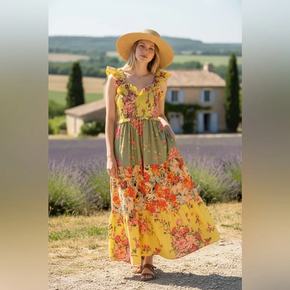 105 • ON SALE!...Emilia Botanical Maxi Dress | French Country Floral Tiered Maxi - Picture 1 of 11